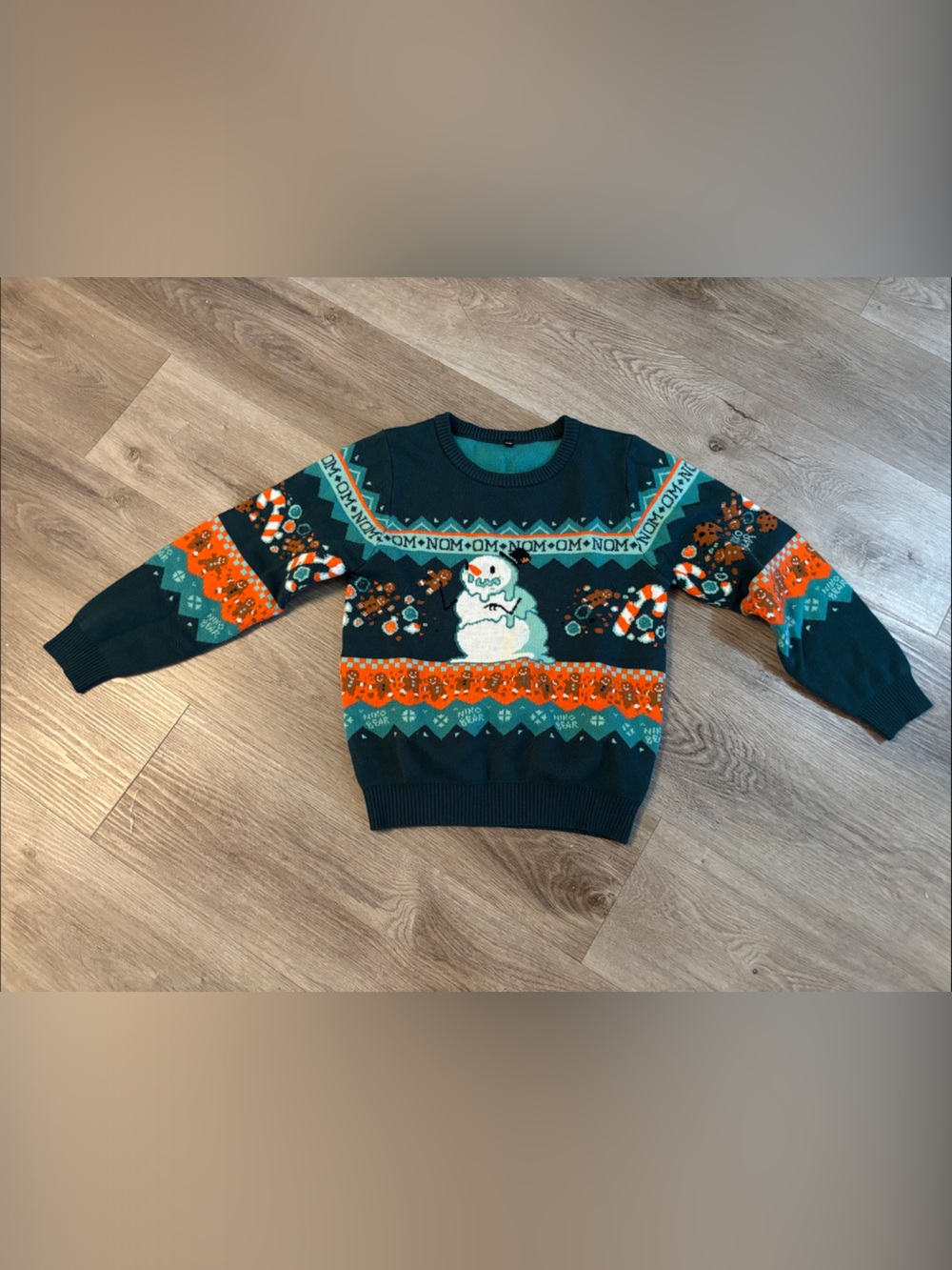 Dark Teal Holiday Sweater with Snowman, gingerbread men and CandyCane (Niko bear
